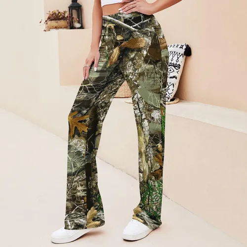 Vista 3 de Bagea-Ka Otoño Caza Árbol Camo Patrón Mujeres Yoga Pantalones Rectos Pantalones de Pierna Ancha Cordón Casual Pantalones de Deporte Flojo