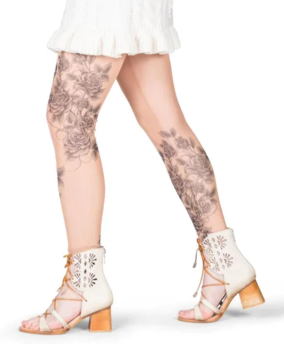 Vista 5 de Wild Rose Leggings de malla de tatuaje de rosas grises para mujer, color gris y negro, bronceado