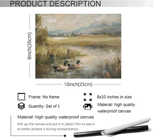Vista 2 de Haitunone Póster de estanque de pato real con animales de granja, arte de pared, pintura de pato vintage, pintura al óleo, cazador de pájaros