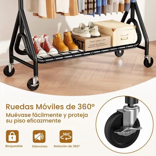 Vista 6 de Perchero de ropa con doble varilla, resistente para colgar ropa con carga de 560 libras, percheros de metal con ruedas, estantes para colgar ropa