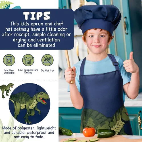 Vista 3 de R HORSE Juego de 2 delantales para niños y sombrero de chef, delantal de cocina de dinosaurio ajustable para niños, juguete de chef de juego de rol
