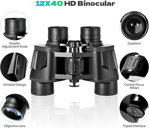 Vista 2 de Prismáticos 12x40 HD para adultos y niños, alta potencia, vista amplia y clara, y visión nocturna con poca luz, prismáticos impermeables para caza