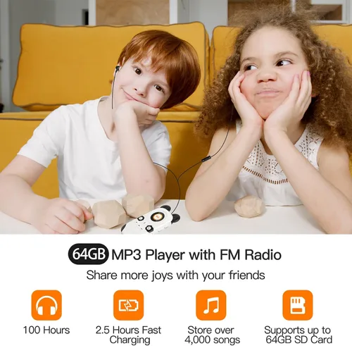 Vista 6 de RUIZU Reproductor MP3 de 64GB para Niños, Reproductor de Música Portátil Lindo Panda MP3, Reproductor MP3 para Niños con Bluetooth 5.3, Altavoz
