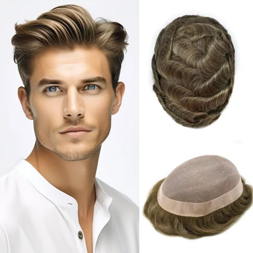 Vista 81 de Fine Mono Men Hair System Mens Toupee Real Human Hair Pieces For Men's Toupee Hair System For Men Hair Piece Natural Hairline 6X8 densidad de luz