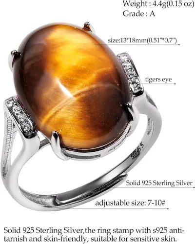 Vista 4 de Jewever Anillos de plata de ley 925 para mujeres y hombres anillo de piedra de ojo de tigre auténtico anillo de ansiedad joyería unisex ajustable