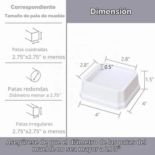 Vista 2 de Elevadores de cama de 1 pulgada, resistentes, paquete de 4 elevadores de muebles de cama, elevadores de 1,500 libras para sofá y mesa, color blanco