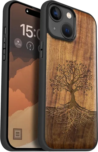 Vista 15 de Carveit Funda magnética de madera para iPhone 15, compatible con cargadores inalámbricos MagSafe, funda negra de TPU suave a prueba de golpes
