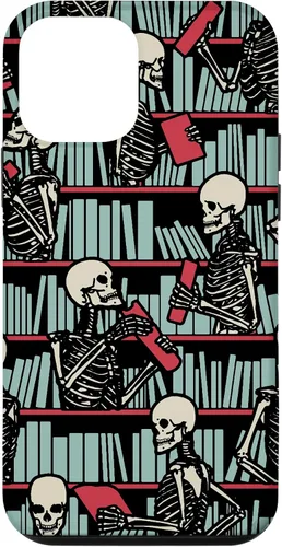 Vista 16 de iPhone 16 Bookish Public Library Skeleton Goth Librarian Books Pattern Case