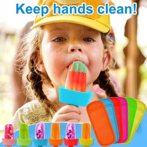 Vista 2 de AIERSA Juego de 12 soportes para paletas y fundas para paletas de hielo para niños, sin goteo, soporte de silicona para paletas con popote y fundas