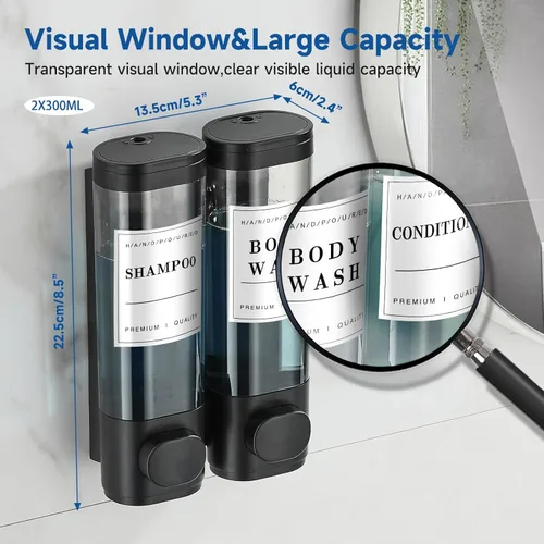 Vista 4 de Unisense - Dispensador de champú y acondicionador, dispensador de jabón de ducha de 2 cámaras, sin taladro, dispensador de champú montado