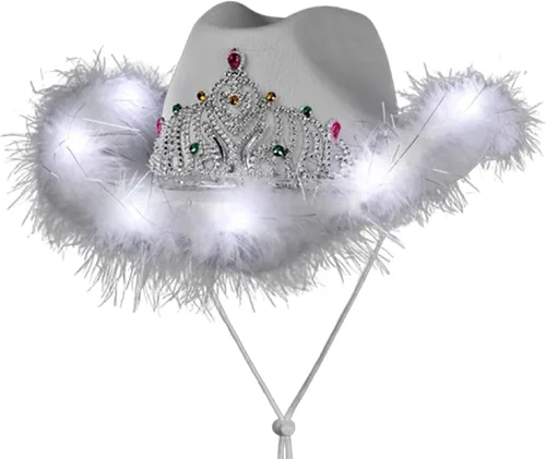 Vista 2 de blinkee Paquete de 12 sombreros de vaquero de lentejuelas rosas y tiara LED blanca para despedida de soltera para fiesta nupcial