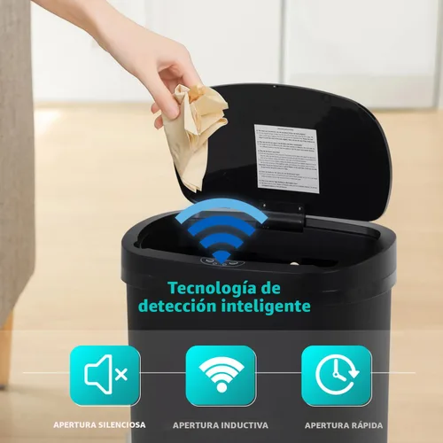 Vista 3 de PayLessHere Bote de basura de plástico de 13 galones Negro Tapa automática sin contacto con sensor de movimiento Bote de basura de cocina