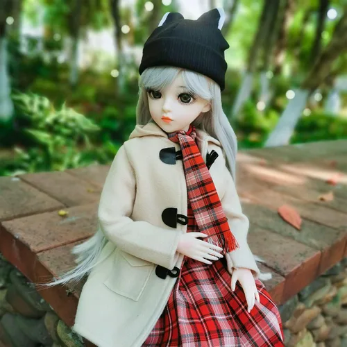 Vista 4 de Muñeca BJD de 1/3, 22 articulaciones movibles, juego completo con abrigo beige y traje a cuadros 24 pulgadas SD muñeca, seguro para niños de 6 años