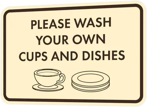 Vista 46 de Letrero clásico enmarcado con texto en inglés «Please Wash Your Own Cups and Dishes» (negro)