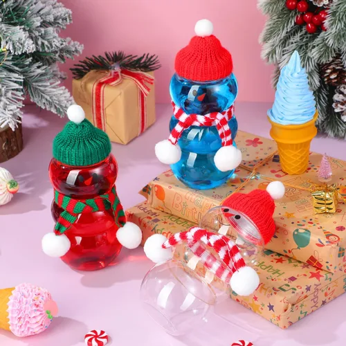 Vista 9 de PRETYZOOM 10 juegos de botellas de jugo de muñeco de nieve con tapa, tarro de plástico transparente de Navidad con bufandas de punto, sombreros