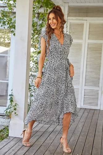 Vista 8 de PRETTYGARDEN - Vestido floral de verano para mujer cruzado con cuello en V manga corta con cinturón dobladillo con volantes acampanado vestido