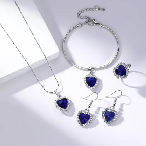 Vista 2 de AILUOR Titanic Heart of The Ocean - Juego de collar y aretes, pulsera y anillos de joyería, collar de cristal de zafiro azul plateado, colgante