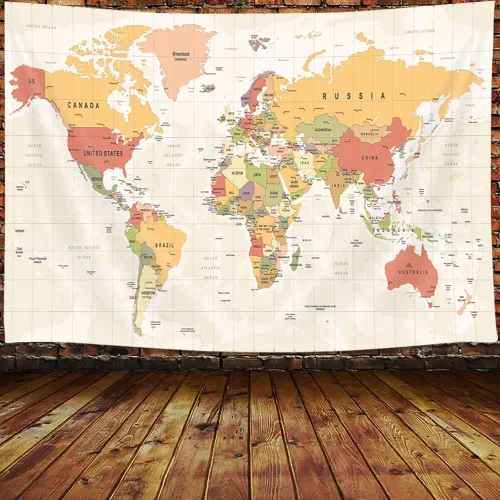 Vista 2 de Tapiz de mapa del mundo para niños y estudiantes, mapa del mundo con países y ciudades principales, tapiz educativo, Asia Europa, topografía