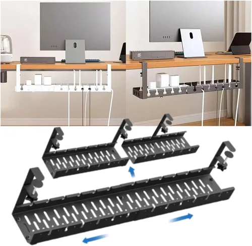 Vista 3 de Extendable Under-desk Cable Management Tray, No Drilling Required, Adjustable Clips, Cable Hidden Channel Organizer(Fixed black)