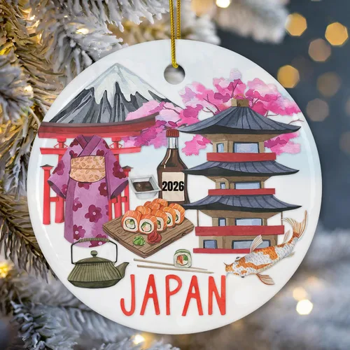 Vista 2 de Adorno de Navidad con collage de iconos culturales de Japón, cerámica de 3 pulgadas