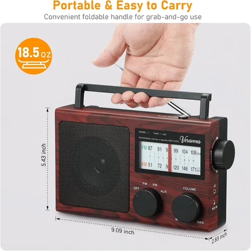 Vista 3 de Radio AM/FM portátil con control de graves, equipada con un altavoz de alta potencia integrado, conector para auriculares y entrada de audio AUX