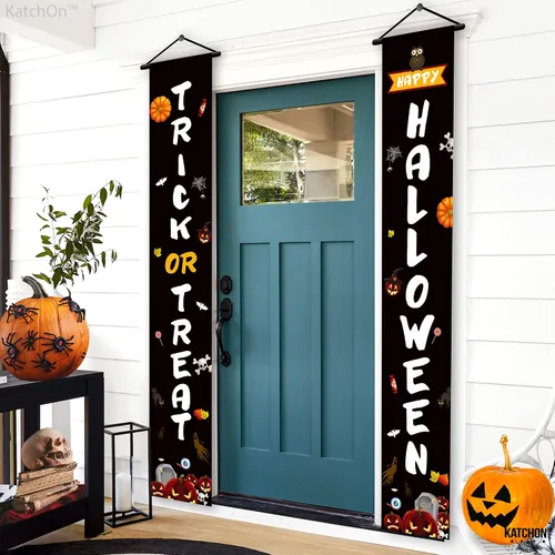 Vista 9 de KatchOn, Cartel de Feliz Halloween de Trick or Treat – Grande, 72 x 12 pulgadas Cartel negro para puerta de Halloween para decoraciones