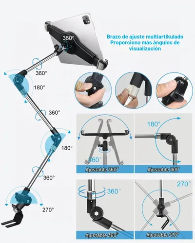 Vista 3 de Soporte grande para tablet con perno de piso de automóvil, brazo plegable de rotación de 360° para iPad Pro 12.9/Air, Galaxy Tabs, Surface Pro/Go