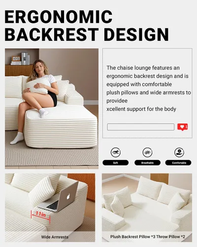 Vista 8 de Sofá seccional Cloud de 108 pulgadas, sofá seccional modular moderno con asiento profundo, sofás de pana sin estructura con chaise en forma de L