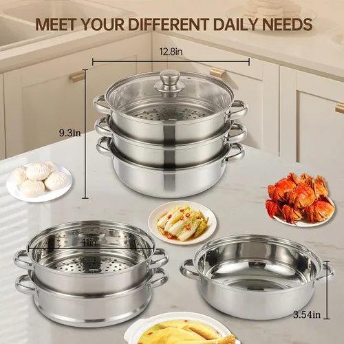Vista 7 de Olla de vapor de acero inoxidable de 3 niveles con tapa, ollas de vapor multiusos para cocinar, juego de vapor de verduras y albóndigas con asas