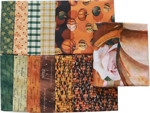 Vista 2 de COTTONVILL EMANON Collection - Tela de algodón con estampado de 20 unidades (12 cuartos + 1 panel completo, calabaza cosecha FAL)