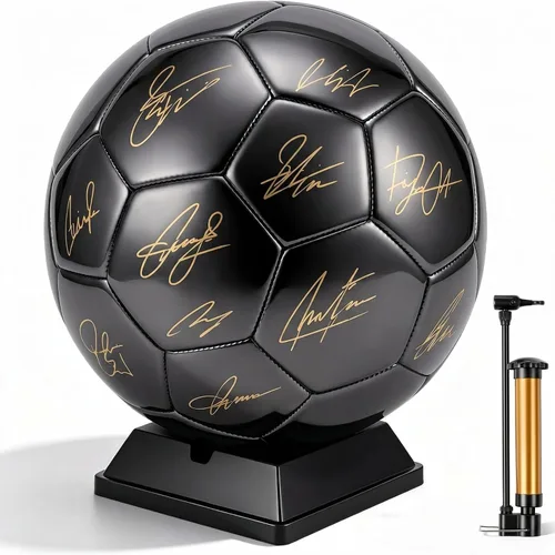 Vista 11 de Hiboom Balón de fútbol dorado con autógrafo de fútbol con soporte de exhibición, bomba de aire para trofeos, aniversario, escuela secundaria