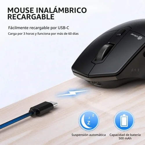 Vista 6 de iClever Ratón inalámbrico con Bluetooth o receptor USB, 5 niveles de DPI ajustables hasta 2400DPI, ratón recargable para computadora, ratón