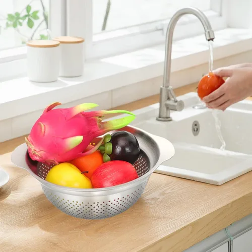 Vista 8 de Homoyoyo Stainless Steel Colander with Dense Drainage Multi-use Kitchen Strainer Bowl for Washing Vegetables Fruits and Draining and Self-draining