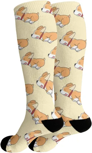 Vista 2 de devor Calcetines de algodón para mujer Merry Corgmas de rodilla alta para mujer, calcetines de vestir de algodón, calcetines de humor feliz