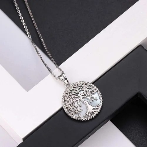 Vista 3 de Aniu Tree of Life Necklace for Women, 925 Sterling Silver Mother of Pearl Family Palm Tree Charm Pendant Jewelry for Birthday Christmas Gift