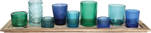 Vista 5 de Creative Co-Op Bandeja de madera con 9 soportes votivos de vidrio azul y verde