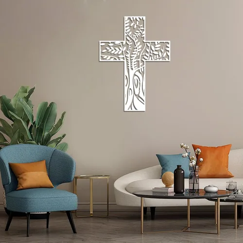 Vista 4 de Cruz de pared de metal con árbol de la vida, decoración de pared religiosa para colgar, arte de pared de árbol de metal, arte de pared de metal