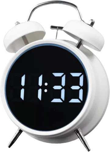 Vista 9 de Pequeño reloj despertador electrónico LED de doble campana, reloj despertador de metal ruidoso para dormir pesado, reloj despertador digital