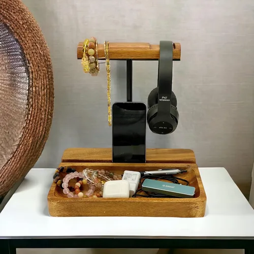 Vista 9 de Soporte dual para auriculares, soporte de madera de acacia para 2