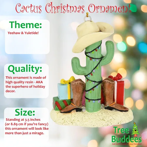 Vista 2 de Tree Buddees Árbol de Navidad de cactus con botas de vaquero, sombreros de vaquero y adornos de regalos