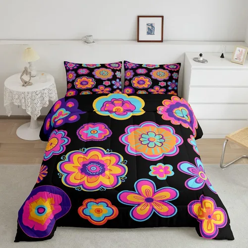 Vista 17 de Juego de ropa de cama con estampado floral bohemio, tamaño individual, diseño retro de flores groovy, 60S y 70S, juego de edredón de flores hippie
