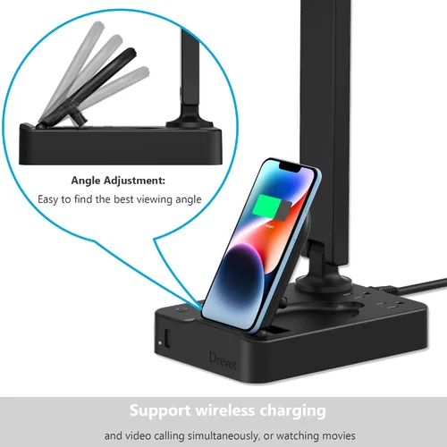 Vista 7 de Drevet Lámpara de escritorio LED con cargador inalámbrico, luz de mesa de escritorio con puerto de carga USB y 2 tomas de corriente, 3 modos