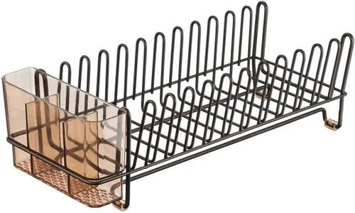 Vista 5 de mDesign Bandeja de platos – Práctico escurridor para fregadero – Gran escurridor – Hasta 12 platos y cubiertos – Bronce