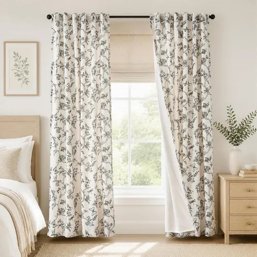 Vista 15 de Lazzzy Cortinas de lino floral verde con bolsillo para barra de granja, 50 Charlotte Verde