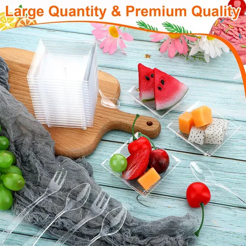 Vista 4 de Meanplan Paquete de 300 mini platos desechables de plástico transparente para postre con 150 tenedores de plástico y 150 cucharas para platos