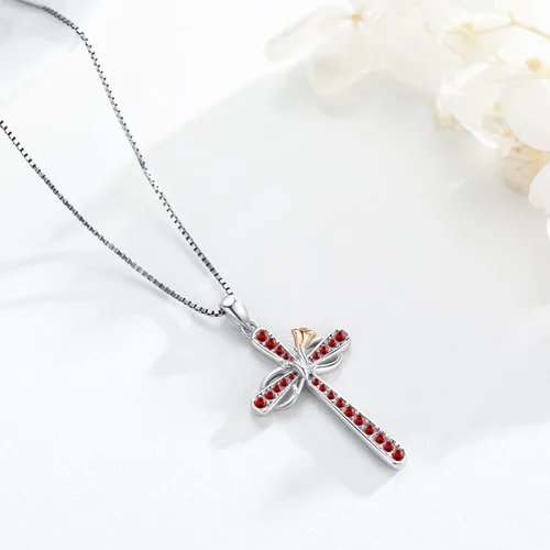Vista 4 de Collar de cruz para mujer, collar con dije de piedra natal de plata de ley, collar de cruz de infinito con flor de rosa, joyería religiosa
