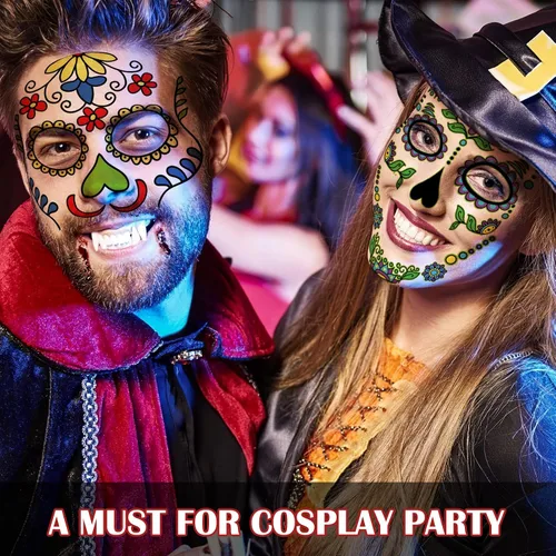 Vista 7 de Kit de maquillaje de tatuajes faciales del Día de los Muertos, paquete de 10 tatuajes temporales para Halloween, calavera de azúcar, rosas rojas