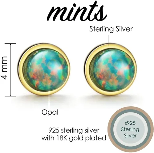 Vista 3 de Aretes de ópalo chapados en oro de 18 quilates con piedras preciosas pequeñas y apilables para mujeres y niñas, Plata Gema, Ópalo