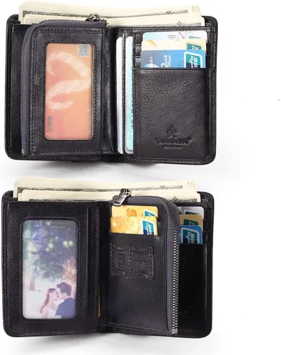 Vista 16 de Billetera para hombre con cremallera de cuero genuino RFID tarjeteros de piel de vaca con cremallera bolsillo para monedas, carteras plegables