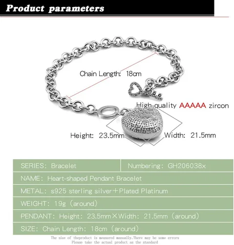 Vista 3 de Nuevos productos Pulsera de plata esterlina 925 joyería fina pulsera de corazón brillante 6-7-8 pulgadas Accesorios de plata maciza regalo de fiesta